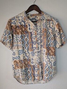 Vintage 90s Silk Exchange Geometric Frog Closure Blouse | Boho Earthy M